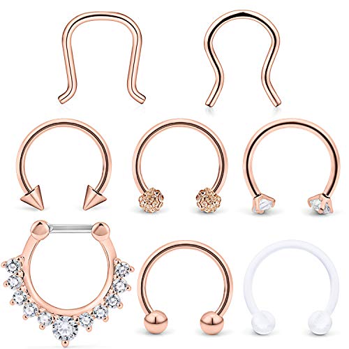 Hoeudjo Septum Clicker Rings 16G Surgical Steel Nose Hoop Rings Retainer Body Piercing Jewelry With Clear Cz Women Men U & D Shaped Daith Helix Tragus Lip Cartilage Earrings 8 Pieces Rose Gold #TOP12