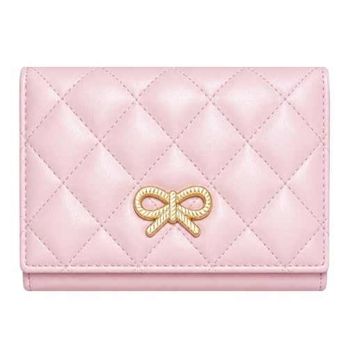Sunwel Fashion Quilted Wallets Girls Cute Coquette Bow Small Wallet Card Holder ID Window Purse for Women (PINK)