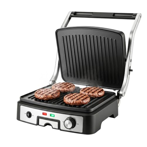 OVENTE Electric Panini Press Sandwich Maker, 1500W Indoor Grill with Non-Stick Coated Plates, Temperature Control & Removable Drip Tray, Opens 180 Degrees