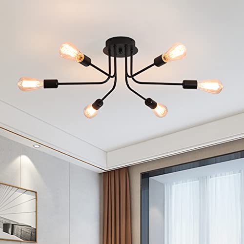Qcyuui Modern Sputnik Deckenleuchte, 6 Lichter Rustikale Schwarze Semi Flush Mount Kronleuchter, Industrielle E27 Base Deckenleuchte Leuchte für Bauernhaus Wohnzimmer Esszimmer Cover