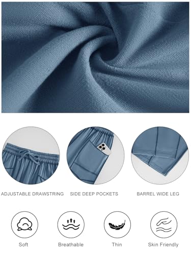 grewley Womens Linen Barrel Pants Baggy Wide Leg Pants Summer Palazzo Drawstring Waist Pants with Pockets Casual Blue S — view 6