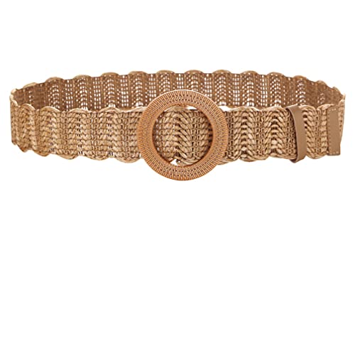 Women Straw Woven Belts for Dress Wide Braided Cinch Hand Made Soft Waistband with Round Resin Buckle (khaki, Suit Waist 25