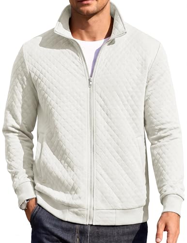 COOFANDY Men's Quilted Sweatshirt Full Zip Sweater No Hood Waffle Pattern Sweatshirt Jacket Outwear Fall Jacket 2025 White