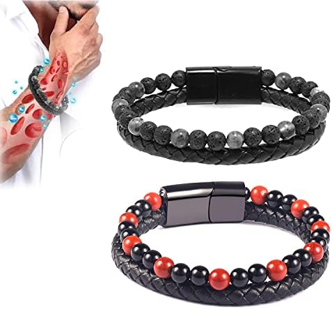 Humanic+ Trio MAXHematie Beaded Bracelets, Humanic+ MAXHematie Beaded Bracelets, Humanic+ Pro MAXHematie Beaded Bracelets, Mens Black Lava Rock Bracelet Hematite Bracelet Stone Bracelet (2Pcs-a)