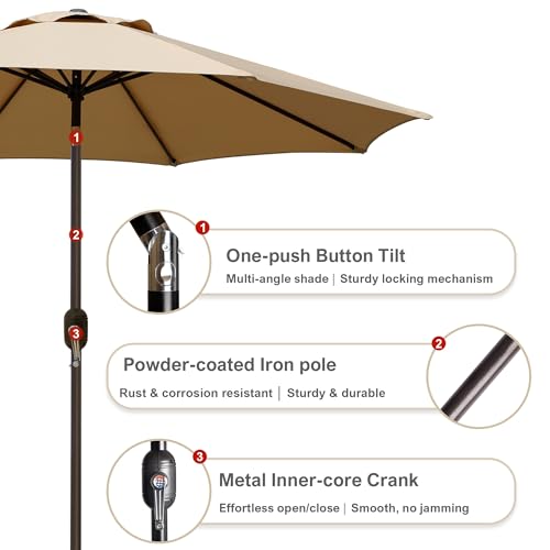 Image of Blissun 9' Outdoor Patio Umbrella, Outdoor Table Umbrella, Yard Umbrella, Market Umbrella with 8 Sturdy Ribs, Push Button Tilt and Crank