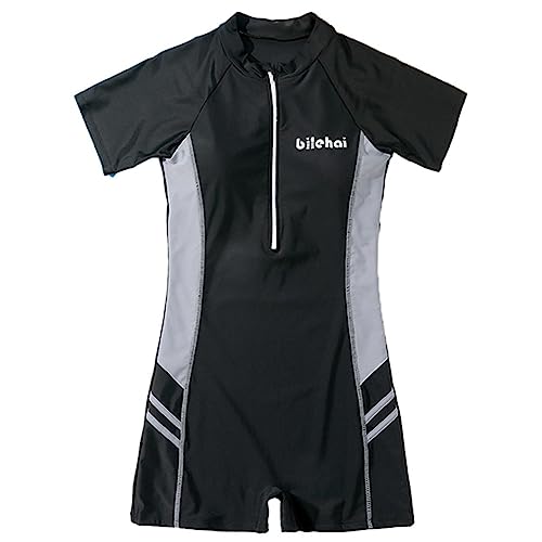 F Fityle Traje de baño de manga corta para mujer, traje de baño atlético para mujer, traje de baño para surf, buceo, cremallera frontal, traje de baño, Gris negro, l