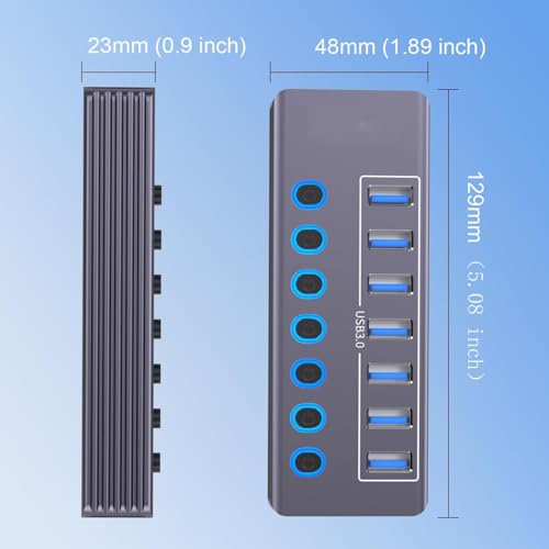 Image of Powered 7-Port USB 3.0 Hub, USB C to 7 Ports USB Data Hub Splitter with Individual LED On /Off Switche, 3.3FT Cable, 12V /3A Power Adapter, for Laptop MacBook Pro /Air PC (Aluminum Gary)