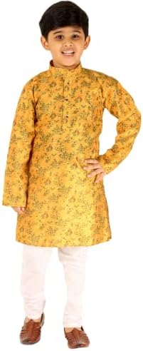 Pro-Ethic Style Developer Pro Ethic Boy's Silk Kurta Pajama | Embellished Design | Kids Ethnic Wear (S-172), Yellow, 13 Years-14 Years