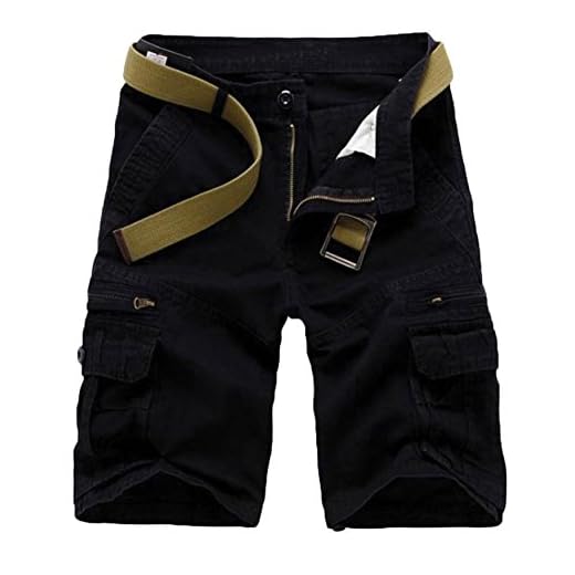 WSLCN Shorts Cargo de Algodão Bermuda Masculino com Vários Bolsos Calça Cortada de Verão (sem cinto) Cintura 30 Preto