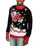 Tipsy Elves Men's Black Light Up Ugly Christmas Sweater Meowy Christmas Sleigh Flying Santa and Cats on Xmas Eve Size Large