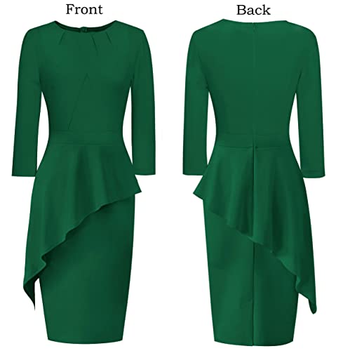 Vfshow Womens Green Pleated Crew Neck Asymmetrical Big Peplum Work Business Office Bodycon Pencil Sheath Dress 7857 Grn M #TOP3