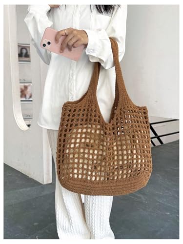 Bolsos tote tejidos a mano para mujer, estilo bohemio, con detalles huecos y asas superiores, color marrón miniatura 5