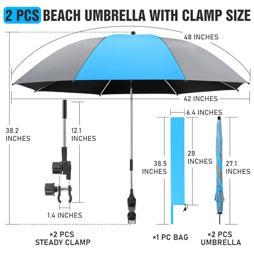 NBtoUS 2 PACK Chair Umbrella with Clamp, 360 ° Adjustable UPF50+ Beach Umbrella for Chair, Patio, Wheelchair, Camping, Golf Carts(Azure Blue/Smoke, Not Include Chair) by NBtoUS - Image 4