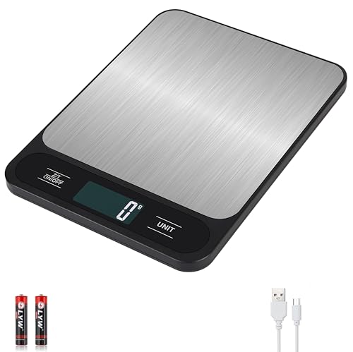 VITSOL 33lb/15kg Digital Kitchen Scale, Food Scale, High Capacity Weight Grams and Ounces for Baking Cooking and Meal Prep, 6 Units with Tare Function, LCD Display, Stainless Steel, USB Rechargeable