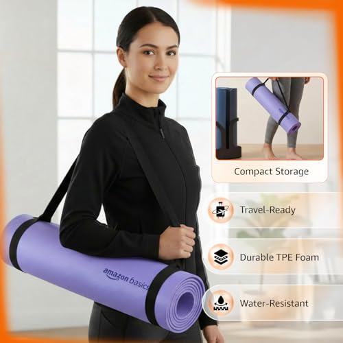 Image of Amazon Basics TPE Yoga & Exercise Mat | 6 mm Thick | Non-Slip Grippy Surface | Lightweight & Durable Rubber-Like Material | Floor Protection | Ideal for Yoga, Pilates, Stretching & Fitness | 180 x 61 cm | Purple