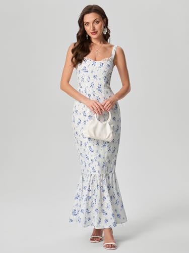 Image of HTZMO Women Casual Summer Floral Maxi Dress Square Neck Boho Wedding Guest Elegant Long Sundress