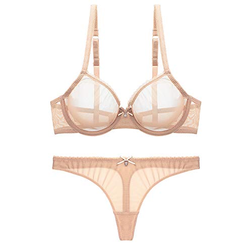 varsmiss Women See Through Mesh Bra and Thong Set Transparent Sexy Underwear (D303+VN082,36C, Beige)