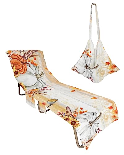 Thanksgiving, Beach Lounge Chair Towel Cover, Soft Chaise Lounge Towel with Side Pockets Patio Pool Chairs Cover for Beach/Pool Sunbathing 29x85 Fall Pumpkins Autumn Fall Leaves Oil Painting