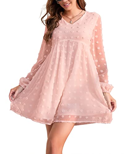 Women’s Swiss Dot Casual Dress Cocktail V Neck Flowy Mini Dress Chiffon Ruffle Loose Fit Babydoll Dress Pink