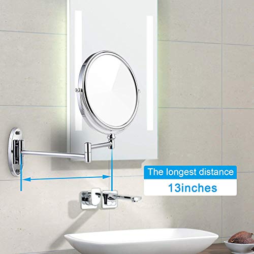 Miusco Wall Mounted Makeup Mirror, Premium 10X Magnifying 8'' Two-Sided Bathroom Vanity Mirror, Extendable Arm, Round, Chrome