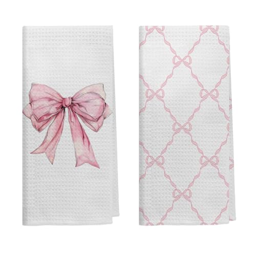 Kemingni Coquette Pink Bow Kitchen Towels Set of 2, Preppy Pink Ribbon Pattern Hand Towels for Bathroom, Girly Coquette Bathroom Decor, Bow Aesthetic Dish Tea Towels for Kitchen, 16x24 inches