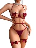 Kaei&Shi Womens Bow Lingerie Sets With Garter,Cutout Underwire Bodysuit Teddy Burgundy Medium