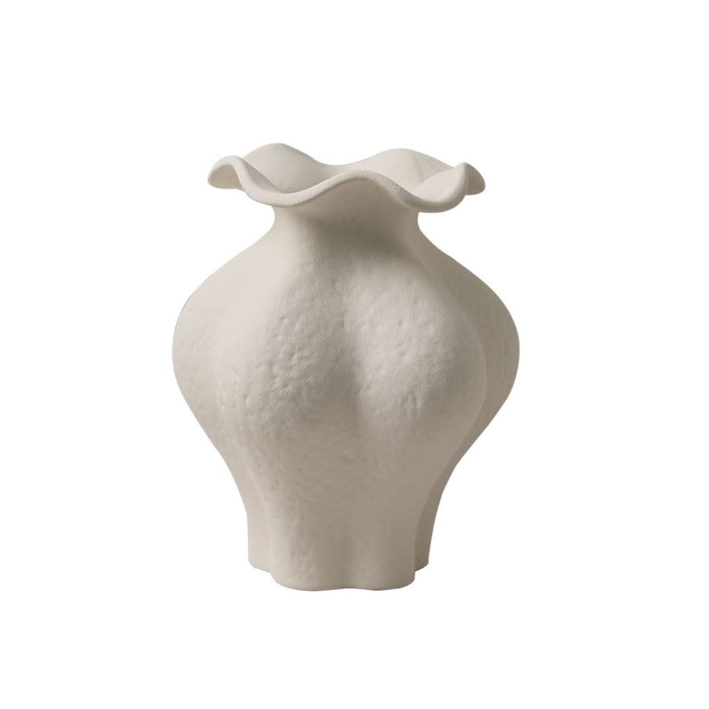 HRGKLMN Vase Ceramic Abstract Ceramic Vase with Wavy Rim, Wabi-Sabi Flower Vase for Artificial Plants and Dried Flowers, Vases as a Gift,White,A