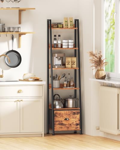 Image of Furologee Bookshelf Set of 2, 6-Tier Ladder Shelf, Ladder Bookshelf with Drawer, Set of 2 Bookshelves, Metal Storage Shelf for Living Room, Home Office, Bedroom, Balcony,Kitchen, Rustic Brown