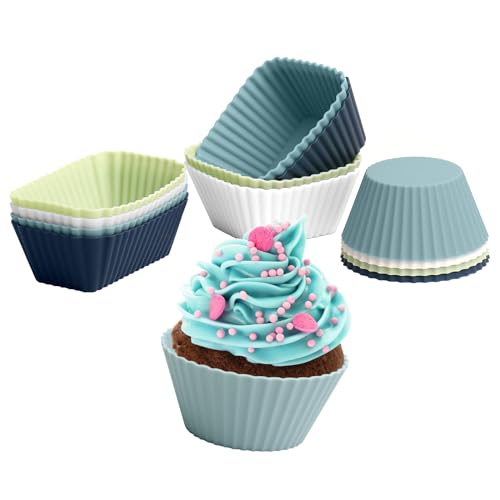 Reusable Muffin Moulds Baking Cups - 12Pcs Silicone Cupcake Cases,BPA-Free Non-Stick Bakeware Trays 3 Shapes 4 Colors Moulds for Desserts Ice Cream Pudding Jelly