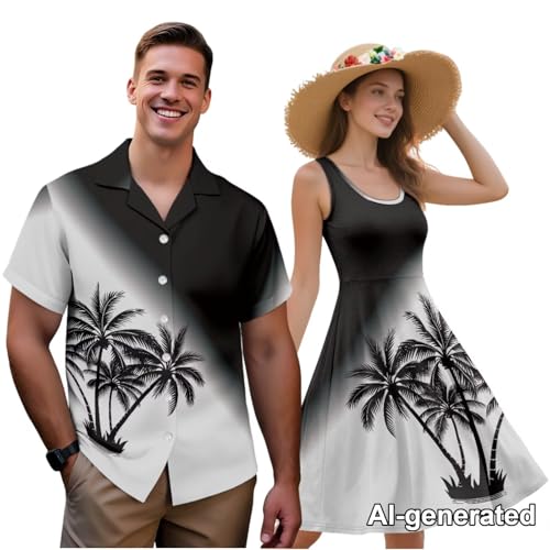 Image of Hawaii Matching Couple Outfits Husband and Wife Clothing Fashionable Mens Casual Shirts Hawaii Dress with Soft Fabric