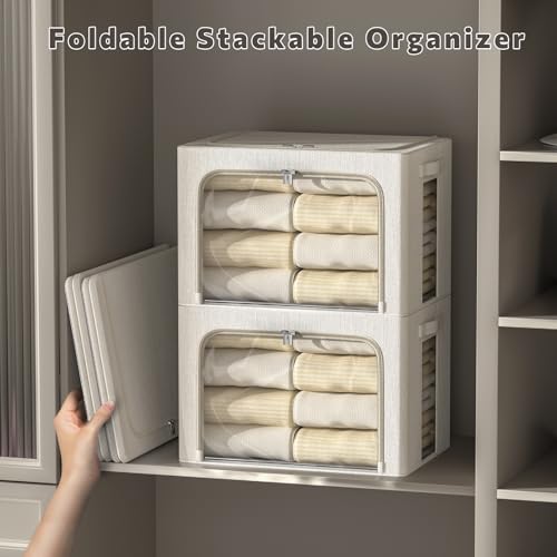 Image of FHSQX 2 Pack Clear Window Storage Bins - Large Stackable Linen Fabric Storage for Clothes Foldable Container Organizer Set with Carrying Handles (Lvory White, 16.5x 12.2x 12.2Inch)
