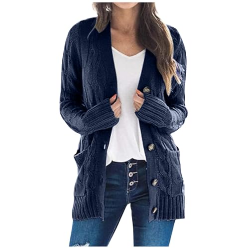 Jersey Mujer Invierno Manga Larga Cardigan Mujer Larga Tallas Grandes Rebeca De Punto Entretiempo Cómodo Elegante Cárdigan Chaqueta Largos Ligero Jersey con Bolsillos(Marina Marina,S)