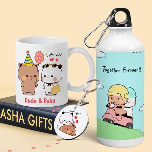 Image of Bubu Dudu Love Gift for Birthday /Anniversary Sipper Water Bottle 750 ML Aluminium with 320 ML Coffee Mug, Wooden Keychain Combo Pack MSK-V (Design-8)