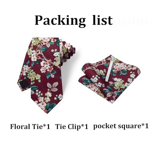 Image of YourTies Cotton Floral Tie for Men 2.5 inch Printed Skinny Necktie Pocket Square Tie Clip Set Flower Wedding Party Groom