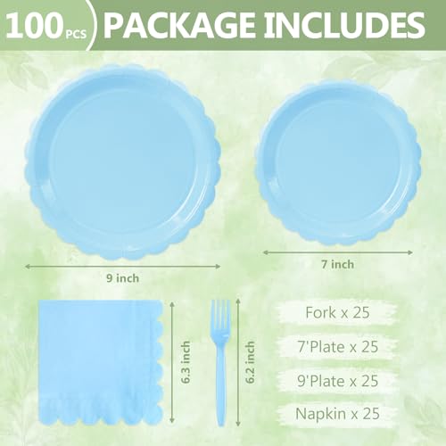 Image of Mulbozy 100 Light Blue Paper Plates and Napkins Disposable Set for Party