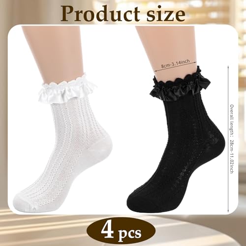 2 Pairs Womens Lace Ruffle Frilly Crew Socks Satin Ruffle Ankle Sock for Women Girls Casual Soft Comfortable Frilly Sock Lolita Princess Accessory (Black + White)2