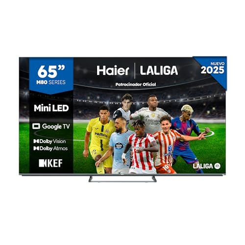 Haier MiniLED 4K UHD H65M80FUX - 65", Smart TV, Google TV, Dolby Atmos y Dolby Vision, HDR 10, Google Assistant, Procesador Quad Core, Bluetooth 5.2, DBX TV, HDMI 2.1 x 4, 2+32 GB, Sin Marcos, 2025