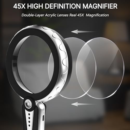 HUIBOER 45X Magnifying Glass with Light, 4.6 Inch 1200mAh USB Rechargeable, 6 Lighted Modes, Large Handheld Magnifier for Low Vision Seniors with Macular Degeneration, Reading, Jewelry, Coins - Black by Huiboer - Image 6