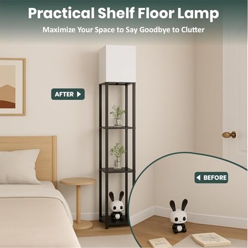 Image of 4 Tier Metal Floor Lamp with Wooden Shelves /Standing lamp with 3 Adjustable Color Mode /Corner Bright Lamp for Decoration /Energy Efficient Night Lamp for Bedroom /Living Room /Home Decor (Black)