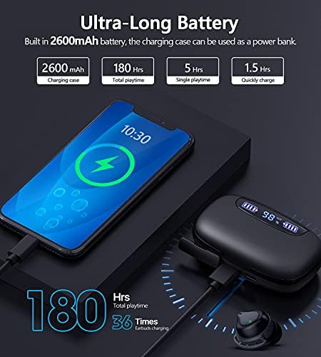 bafuuy Wireless Earbuds Bluetooth Headphones,180H Playtime Deep Bass Noise Cancelling IPX8 Waterproof Bluetooth Earphones,In-Ear Headphones with LED Display Touch Control for Sport/Work