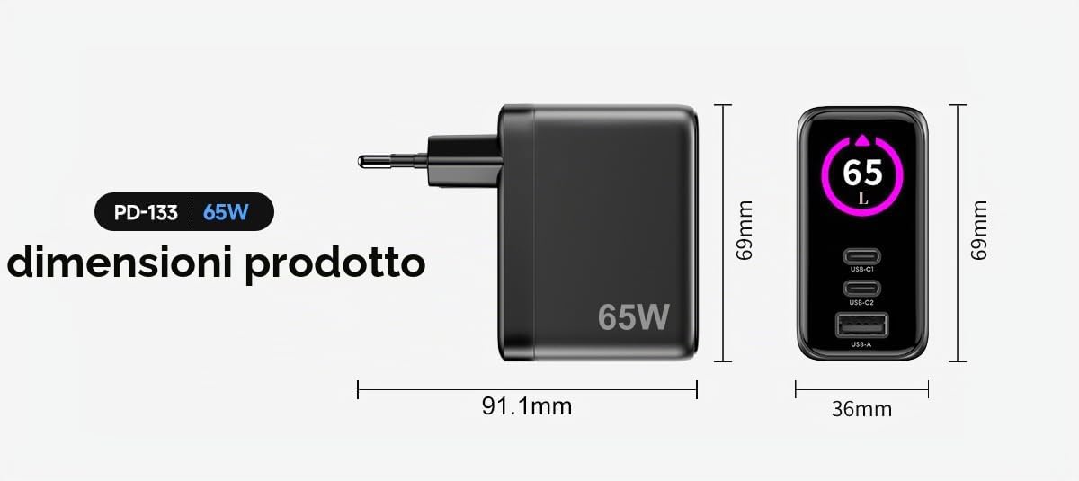 Celly - Caricatore Multiplo USB-C 65W GaN con Display LED, Ricarica Rapida per Laptop, Smartphone e Tablet