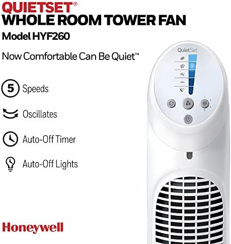 Honeywell QuietSet Whole Room Oscillating Tower Fan (5 Speed Settings, Oscillating 80°, Timer Function, Auto-Off Lights, Remote Control) HYF260
