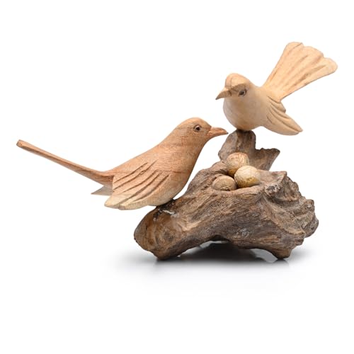 Image of BAGUS Handcrafted Wooden Birds on Nest Sculpture, Traditional Home Decor, Natural Wood Finish, 20X9X9 cm