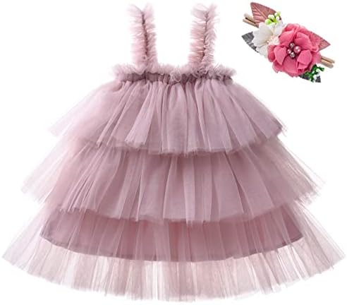 Tutu Dress for Toddler Baby Girl Special Occasion Party Tulle Dresses with Headband Sleeveless Sundress Dusty Pink 2 Years