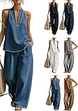 Vagbalena Conjunto de dos piezas de denim de verano para mujer, elegante y cómodo: Top sin mangas y sin espalda, y pantalones de talle alto y pierna ancha. Ideal para fiestas. (Azul,3XL)