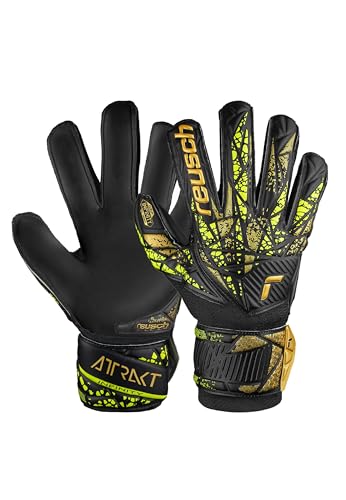 Reusch Attrakt Infinity Finger Support Junior Goalkeeper Gloves for Children Ideal for Artificial Grass Black/Gold/Yellow, 8