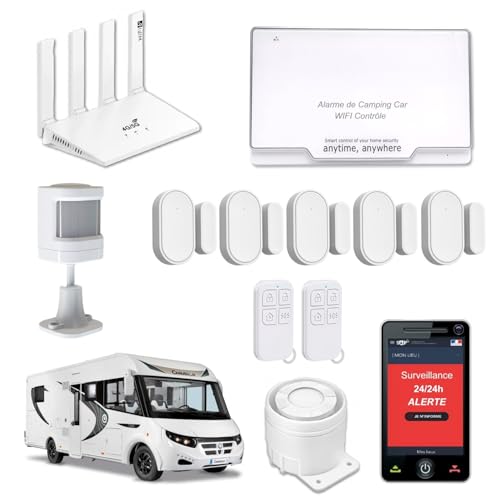 Nouveau - Alarme de Camping Car + Box-Routeur WiFi 6 4G/5G Surveillance 24h/24h – 2 Sirènes 125 DB - 5 Détecteurs d'ouvertures - 1 détecteur de Mouvement...