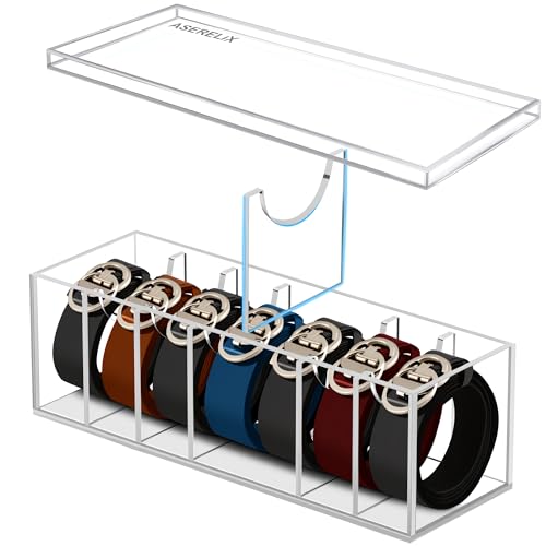 Adjustable Acrylic Belt Organizer with 6 Removable Dividers and a Dust Lid, Clear Belt Storage for Closet and Drawer, 7 Compartments Belt Box Holder for Singers, Men, Women (Adjustable Version)