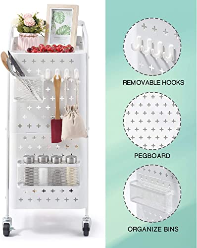 Kingrack 3-Tier Rolling Cart, Metal Utility Cart With Pegboard, Utility Rolling Storage Carts With Wheels, Craft Storage Trolley With Handle For Kitchen Office Classroom, White #TOP2