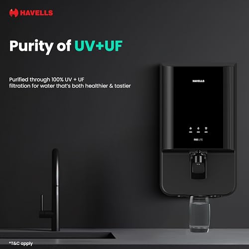 Image of Havells FAB Lite Water Purifier, UV + UF Purification, Vital Magnesium Enriched, 4-stages, 7L Storage, Ideal for Borewell, Tanker & Municipal Water, Significant water savings, BIS Approved, Black